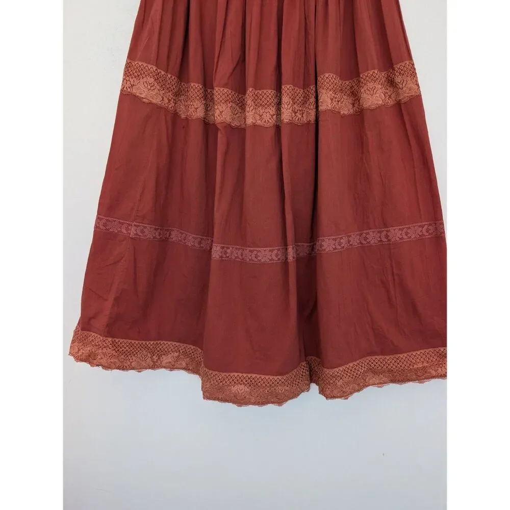 Y2K Vintage Rampage Rust Boho Lace Tiered Cotton Midi Skirt Sz M Made in India